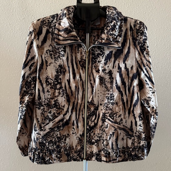 Zenergy by Chico’s Animal Stripe Jacket Zip Shiny Black/Brown Sz 12 (Chico’s 2) - Picture 2 of 14